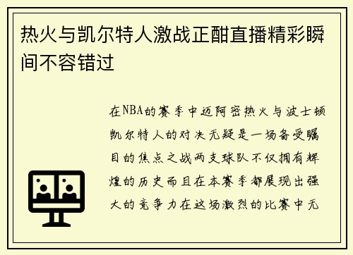 热火与凯尔特人激战正酣直播精彩瞬间不容错过